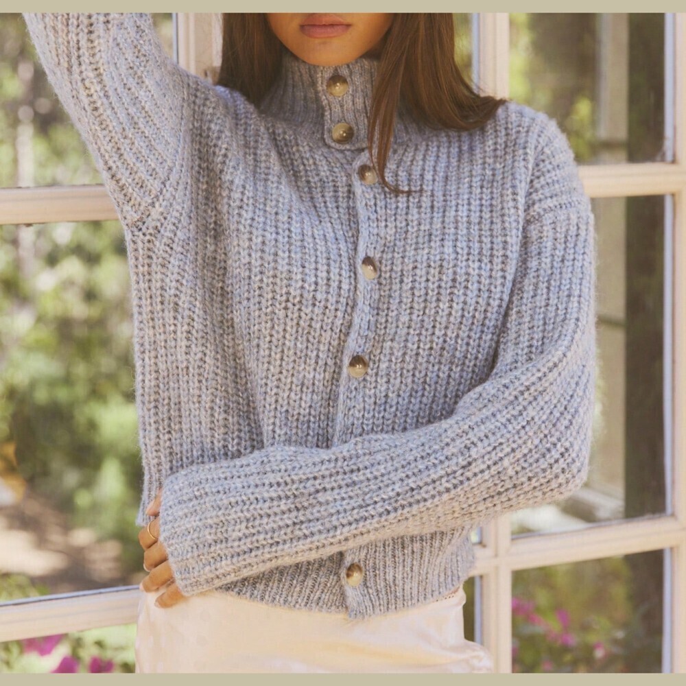 Blue Grey Chunky Ribbed Knit Button Front Stand Collar Blouson Cardigan